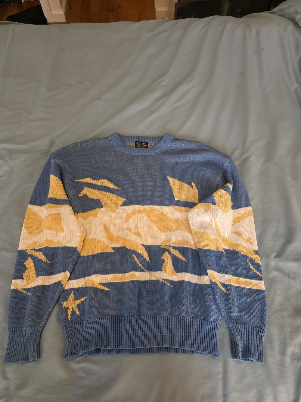 Casual Blue & Yellow Patterned Crewneck Sweater